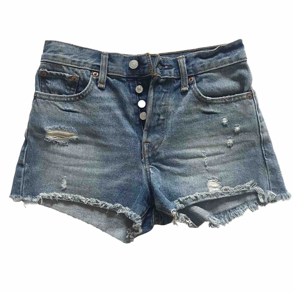 LEVI’S Jean Shorts Size 25 Womens High Rise Wedgie Fit Button Fly Raw Hem EEUC!